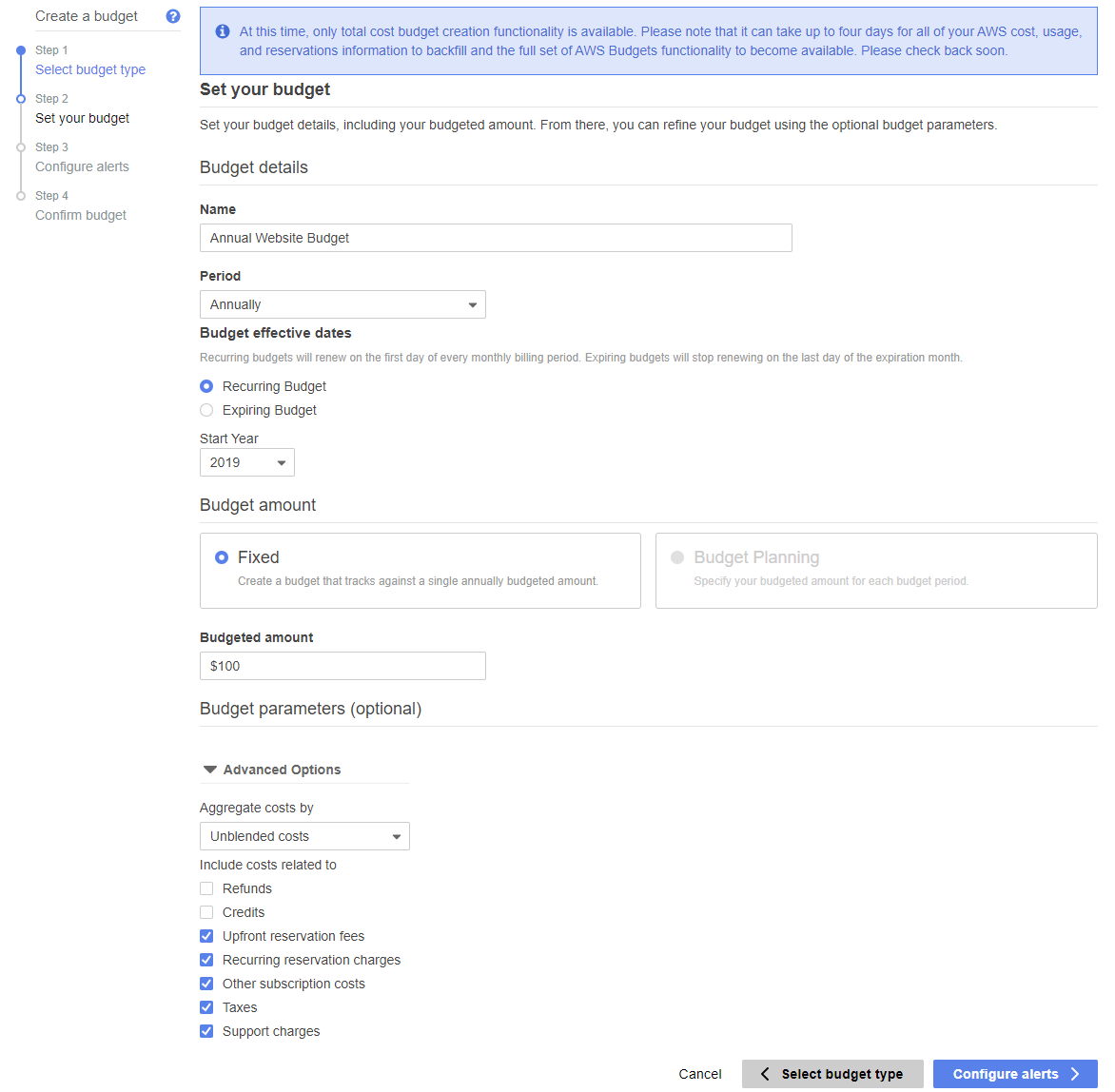 AWS Budgets console